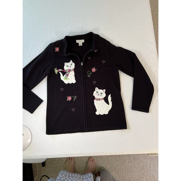 VTG Allison Daley Women SM Black Pink Zip Up Sweater Crazy Cat Lady - Picture 2 of 12